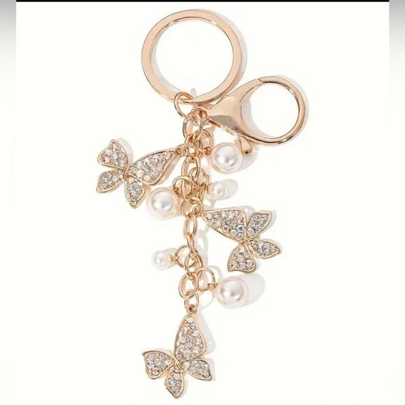BAG CHARM Crystal Triple Butterfly Pearls Keychain - Picture 1 of 4